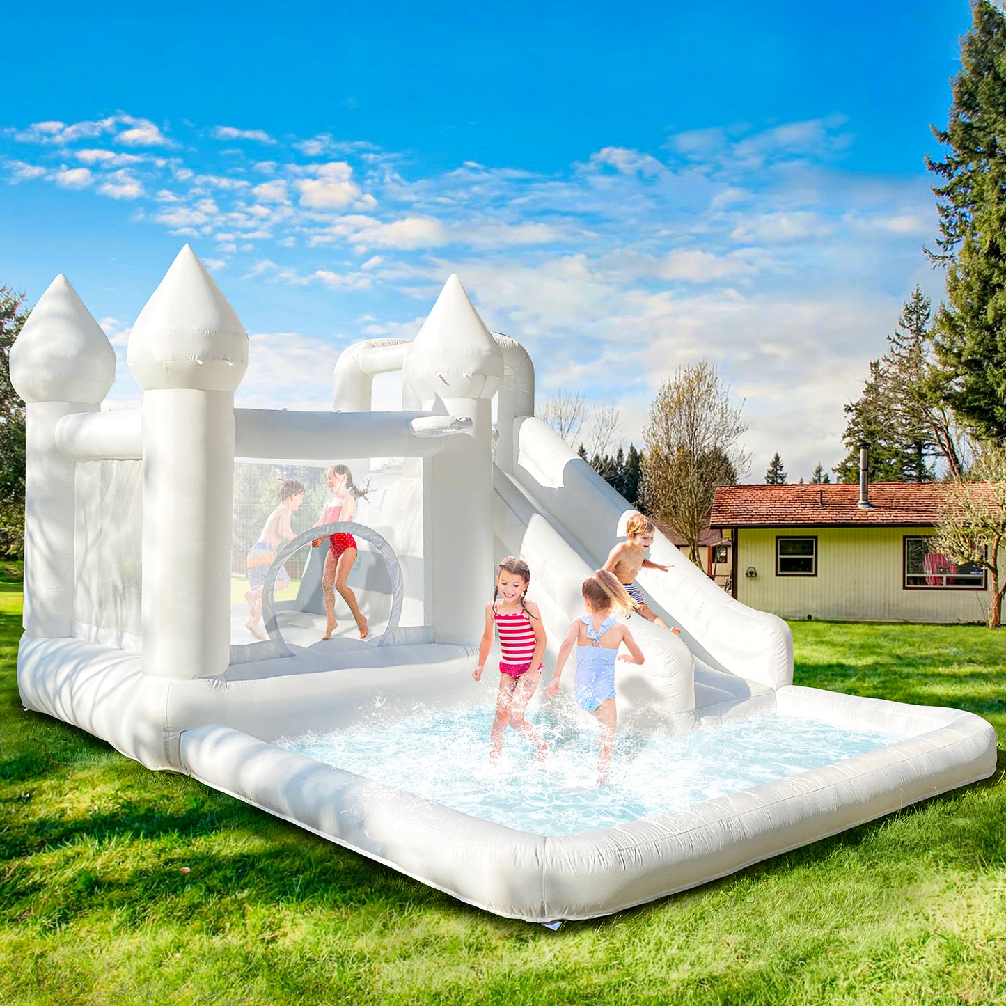 13.7 Ft  White Bounce House With Blower Jumping Castle With Slide & Ball Pit For Kids (oxford Material)