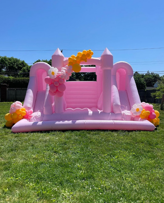 Kids inflatable white bounce house with slide and pit for party