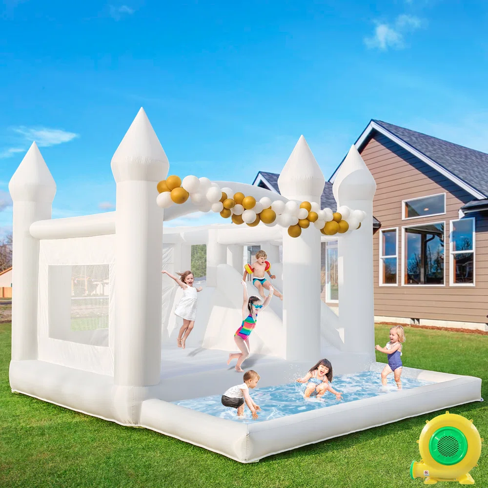 15' x 13' Oxford White Bounce House with Ball Pit & Slide & Air Blower