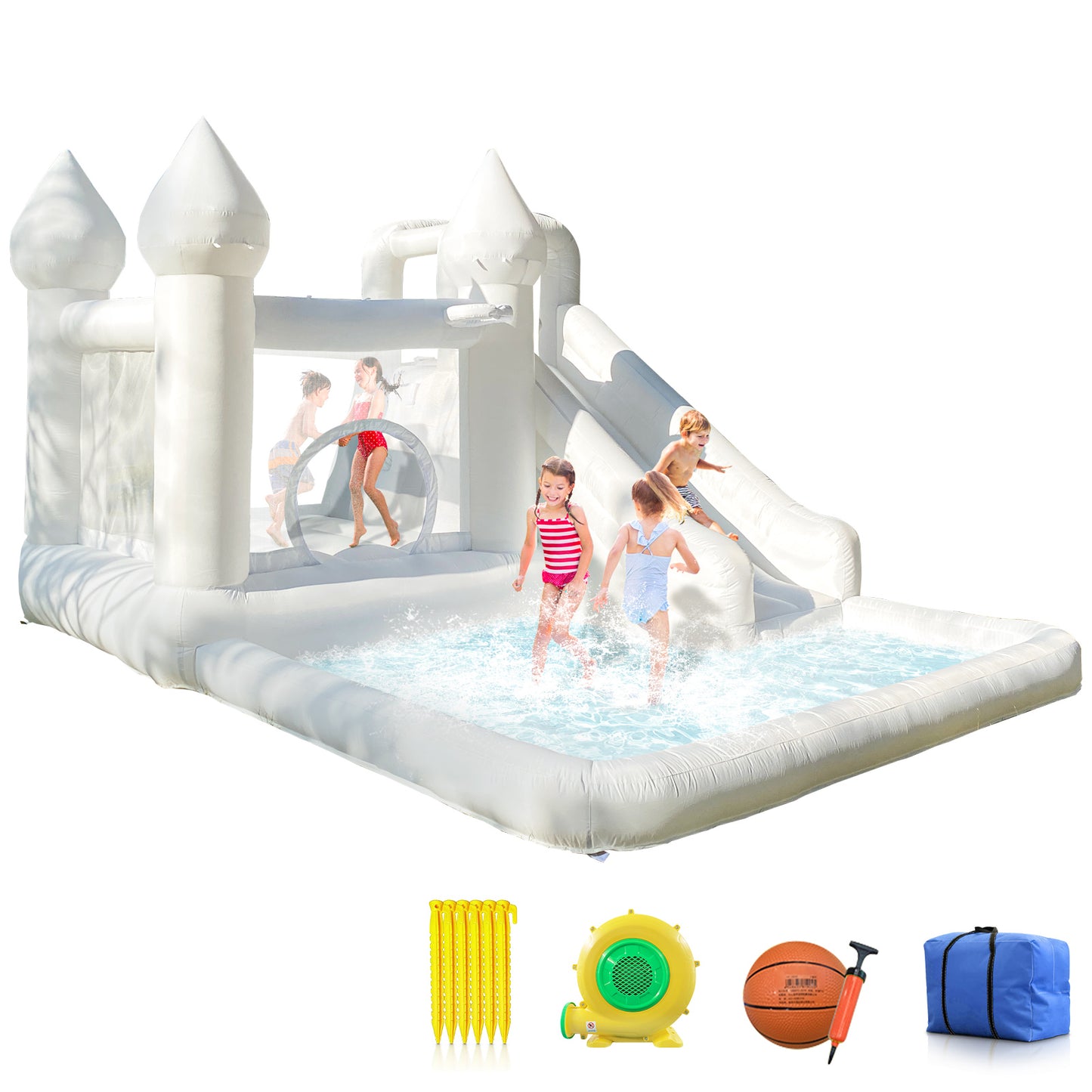 13.7 Ft  White Bounce House With Blower Jumping Castle With Slide & Ball Pit For Kids (oxford Material)
