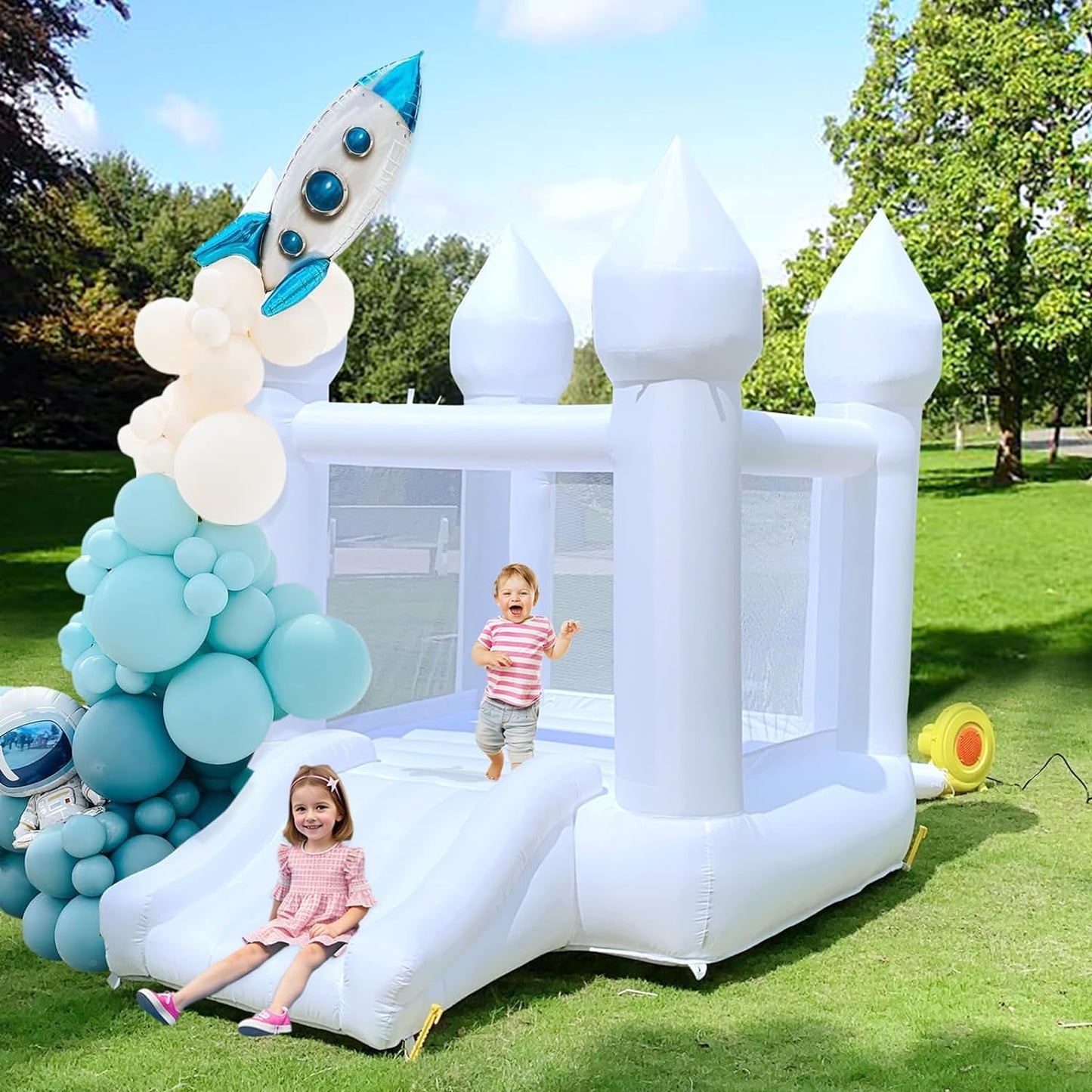 6' x 9' Oxford White Bounce House with Slide and Air Blower for Kids&Toddler