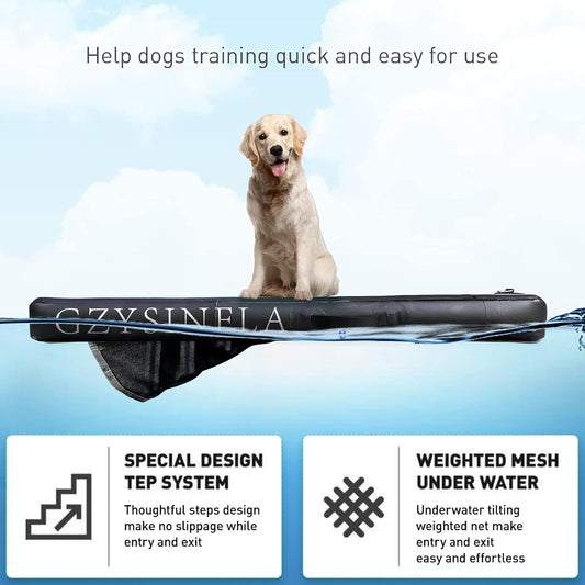 Inflatable Large Dog Water Ramp Float Floating Ramp-Swimming Pets Up to 200 Pounds Large Dogs-Inflatable Stairs for Boats, Docks, with Pump/Rope/Repair Kit - PVC Anti-Slip Fabric (Black)