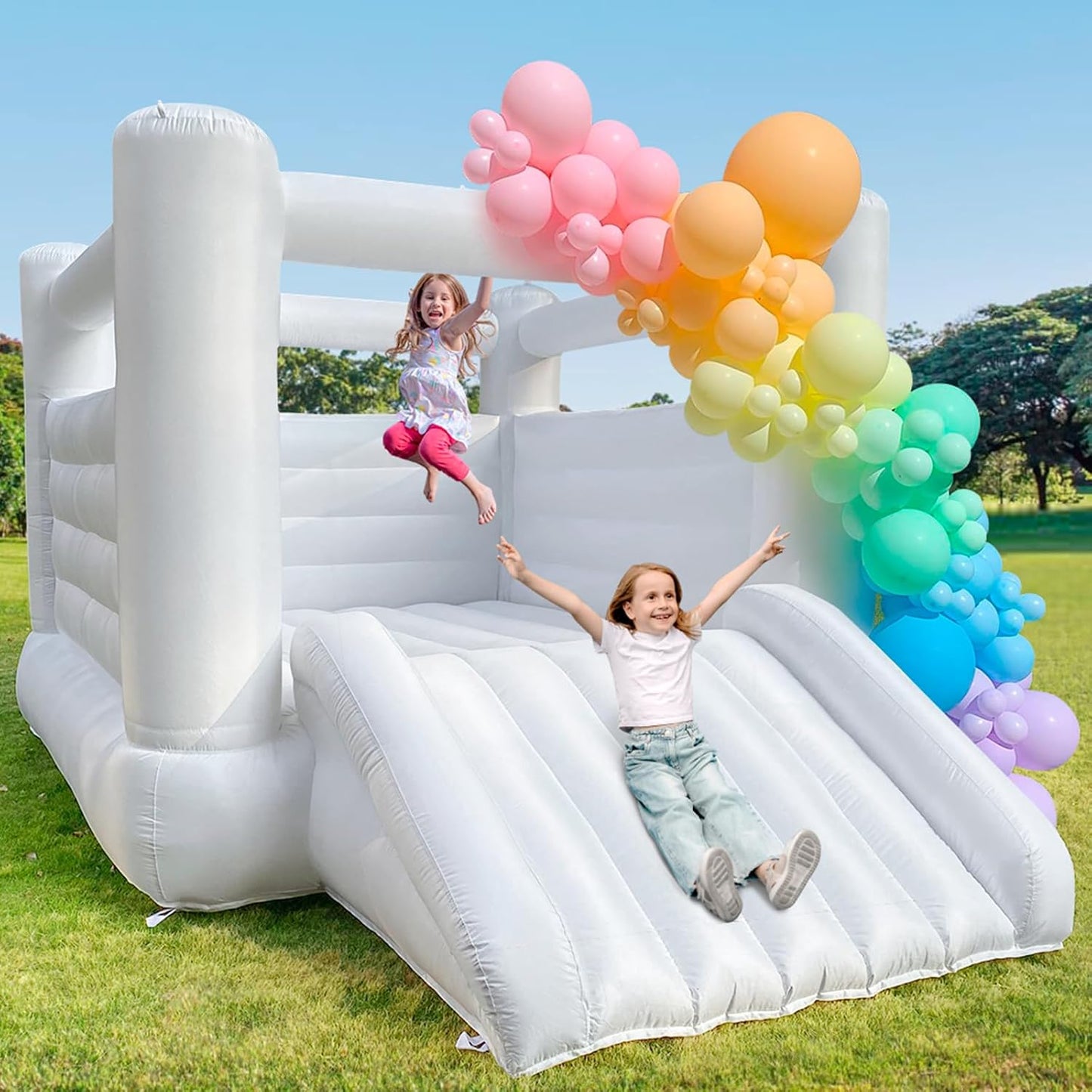 White Bounce House With Blower Large Bouncy Castle For Kids Birthday Party Events (133.86 X 96.46 X 74.02inch)