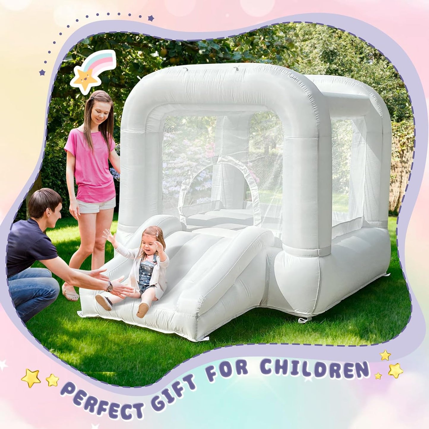 White Bounce House With Blower, Inflatable Bouncer Castle With Slide For Kids/toddler Indoor/outdoor Parties