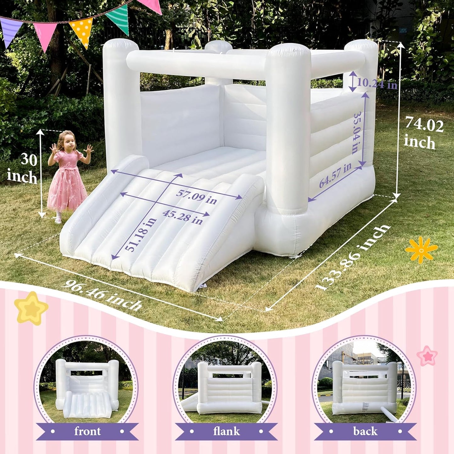 White Bounce House With Blower Large Bouncy Castle For Kids Birthday Party Events (133.86 X 96.46 X 74.02inch)