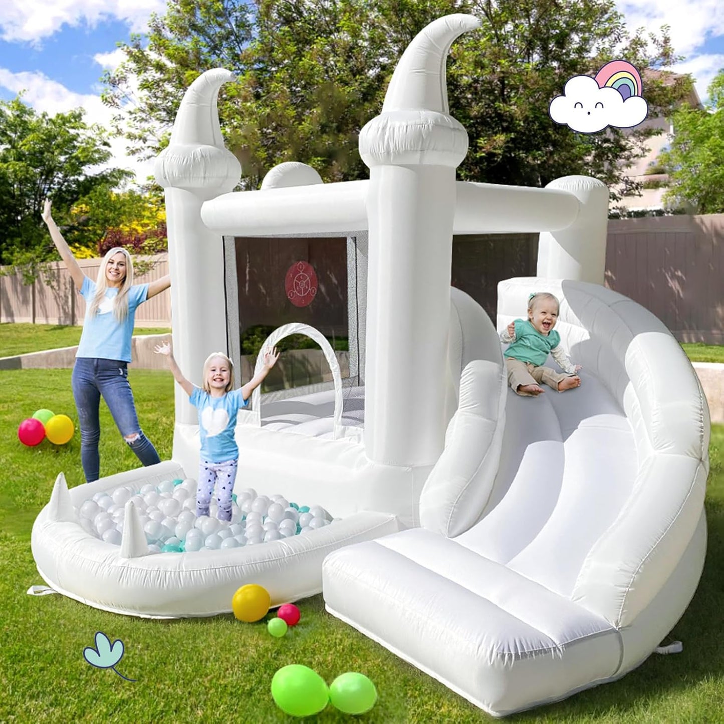 White Bounce House With Slide & Ball Pit Wizard Bouncy Castle With Air Blower (wizard Magic Hat Design)