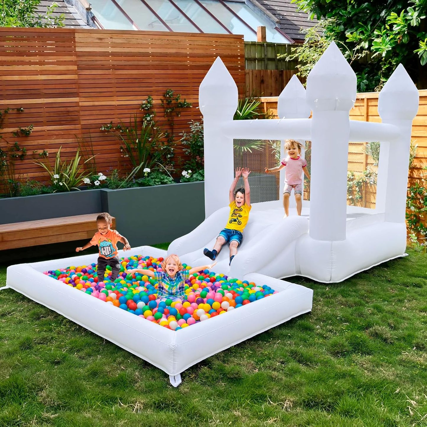 White Bounce House With Ball Pool & Blower For Kids Indoor And Outdoor Summer