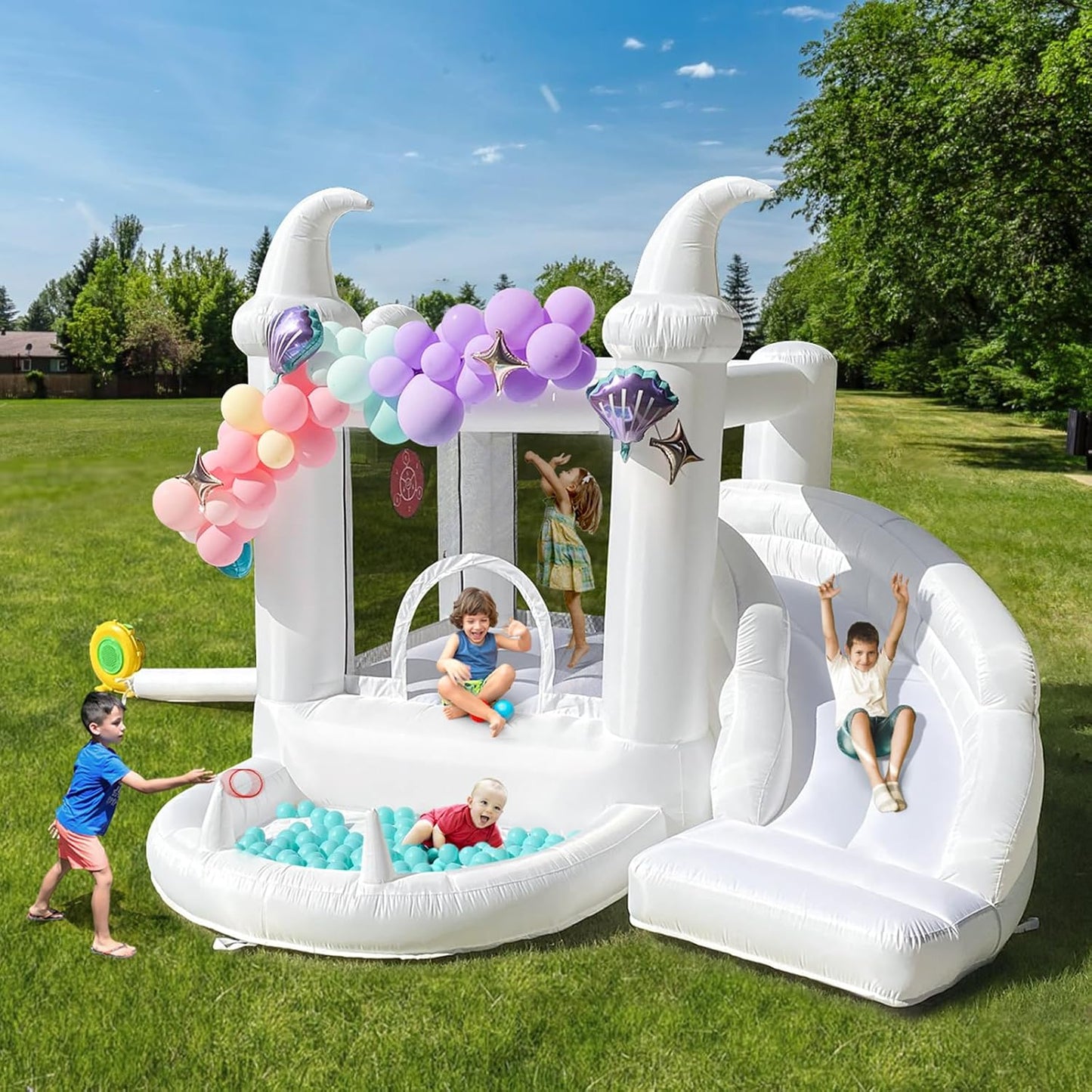White Bounce House With Slide & Ball Pit Wizard Bouncy Castle With Air Blower (wizard Magic Hat Design)