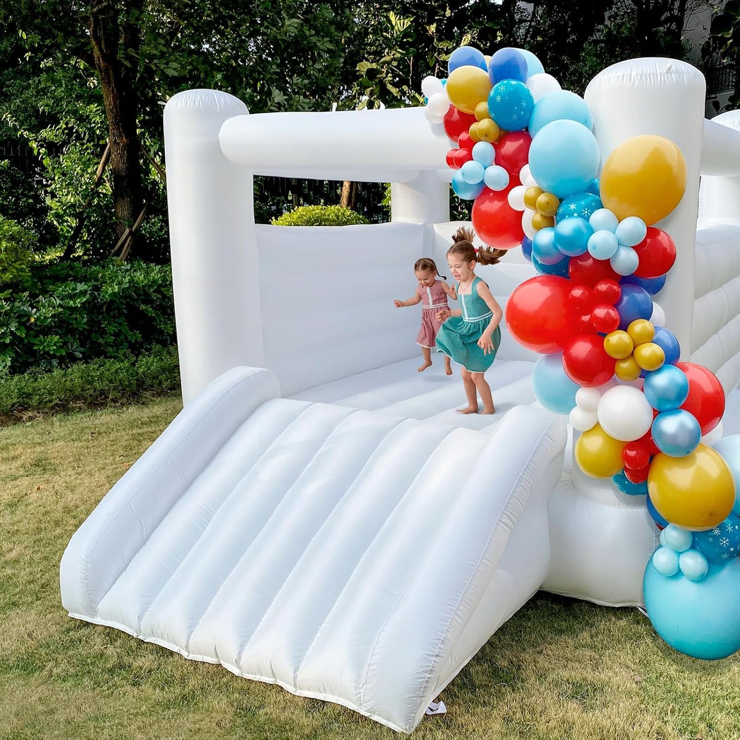White Bounce House With Blower Large Bouncy Castle For Kids Birthday Party Events (133.86 X 96.46 X 74.02inch)