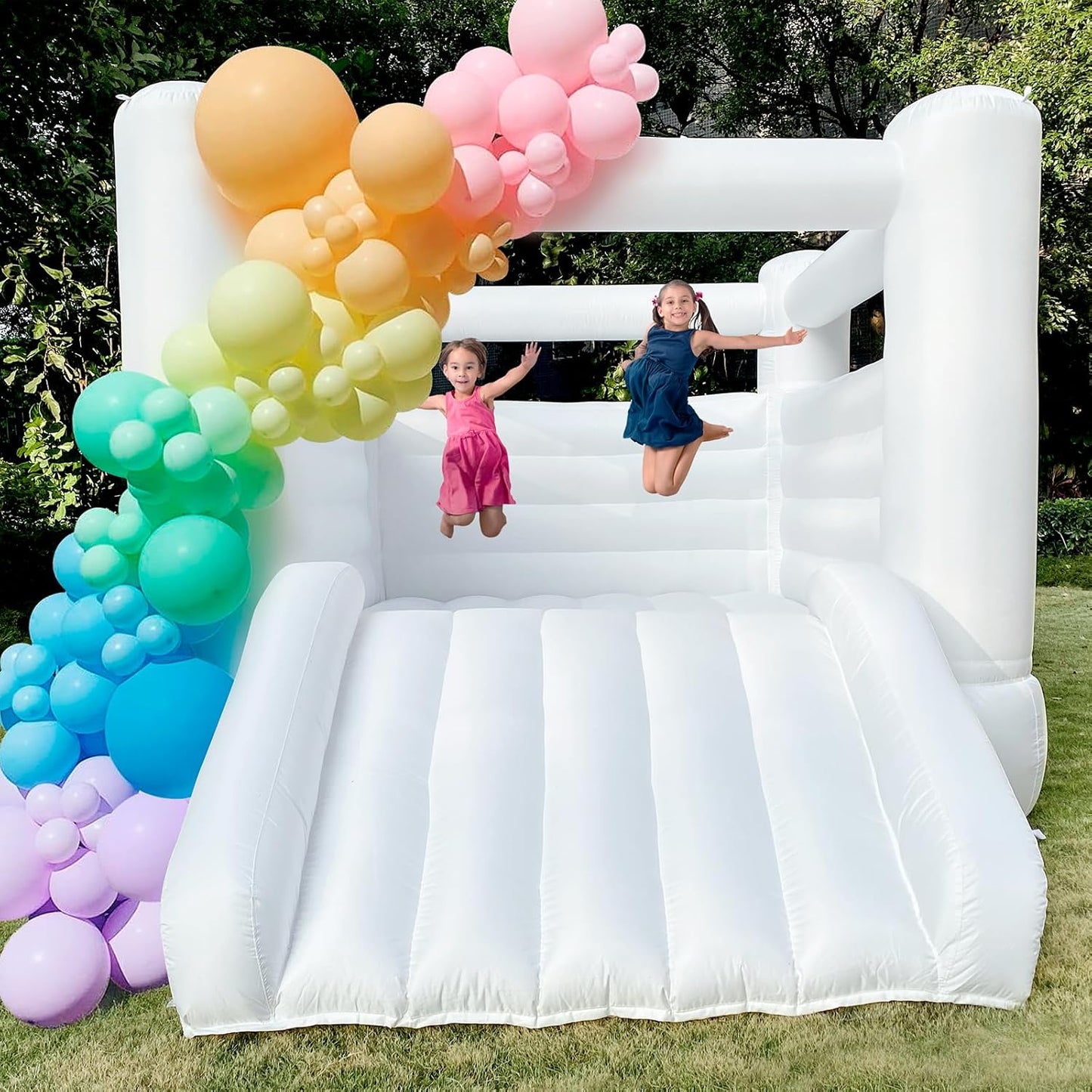 White Bounce House With Blower Large Bouncy Castle For Kids Birthday Party Events (133.86 X 96.46 X 74.02inch)