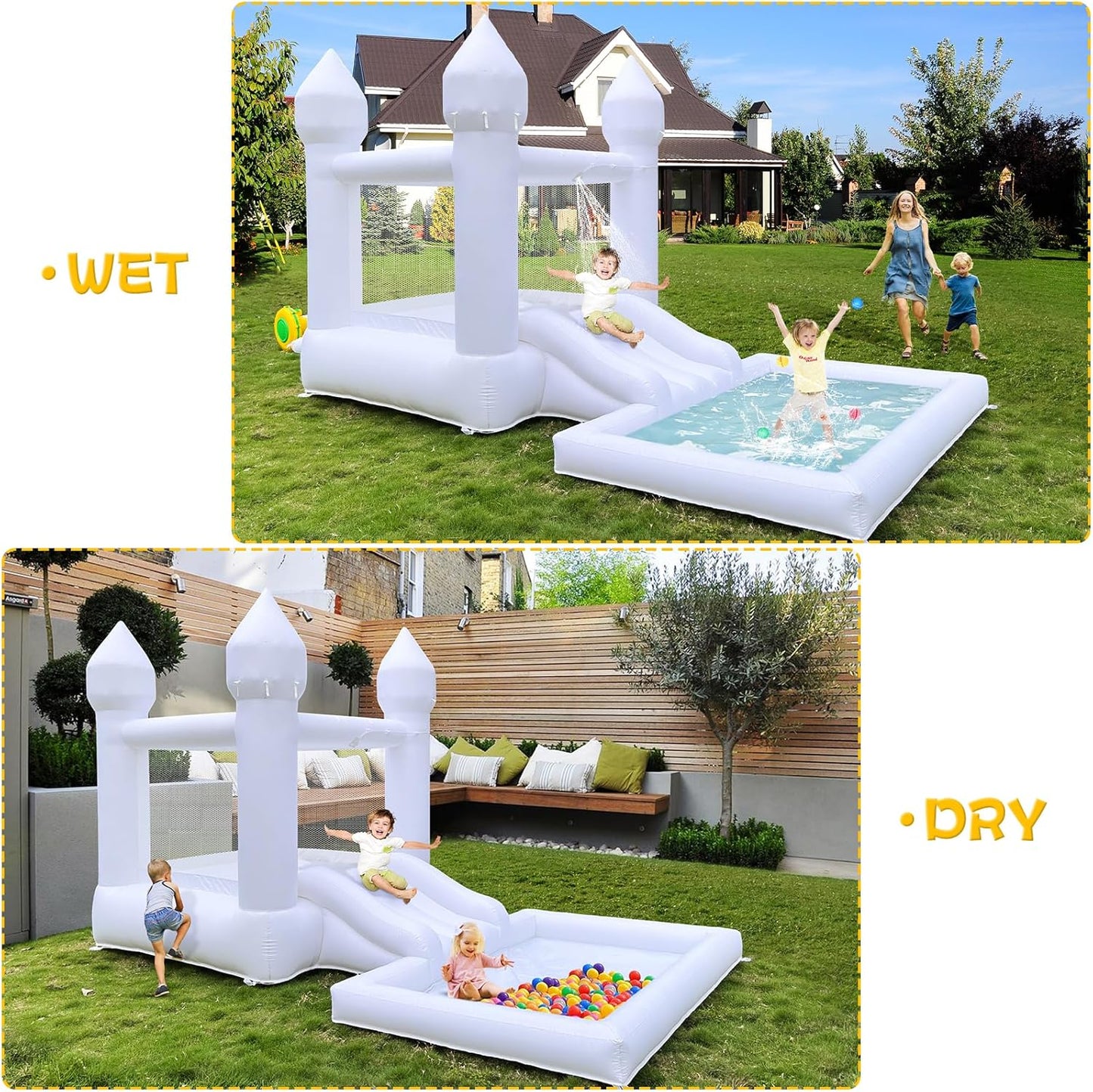 White Bounce House With Ball Pool & Blower For Kids Indoor And Outdoor Summer