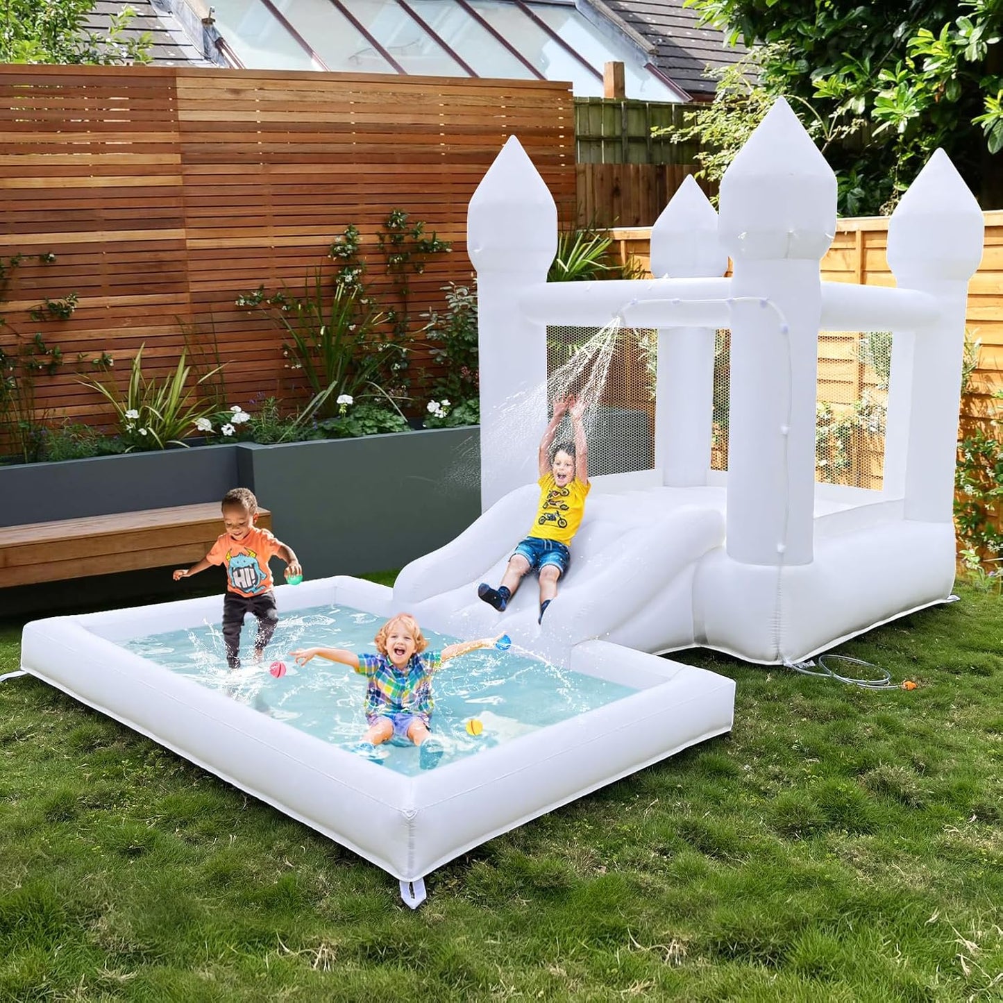 White Bounce House With Ball Pool & Blower For Kids Indoor And Outdoor Summer
