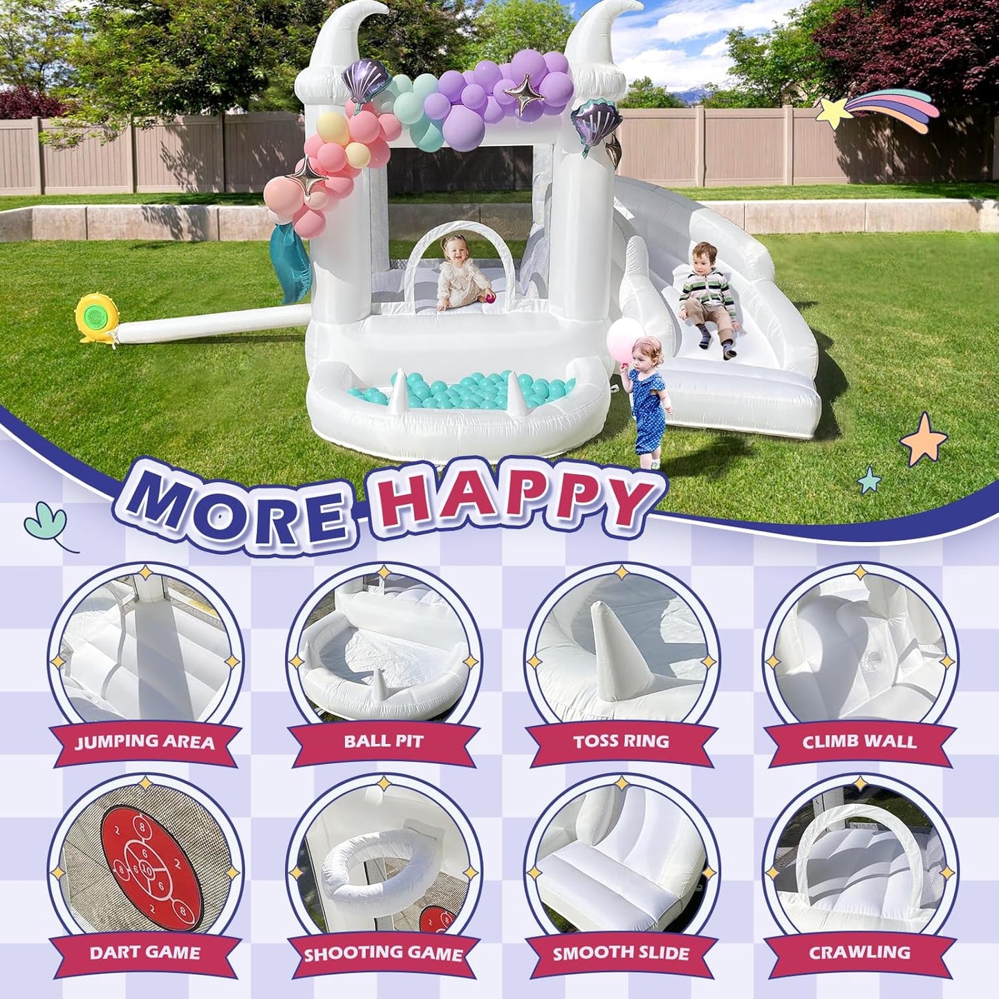 White Bounce House With Slide & Ball Pit Wizard Bouncy Castle With Air Blower (wizard Magic Hat Design)