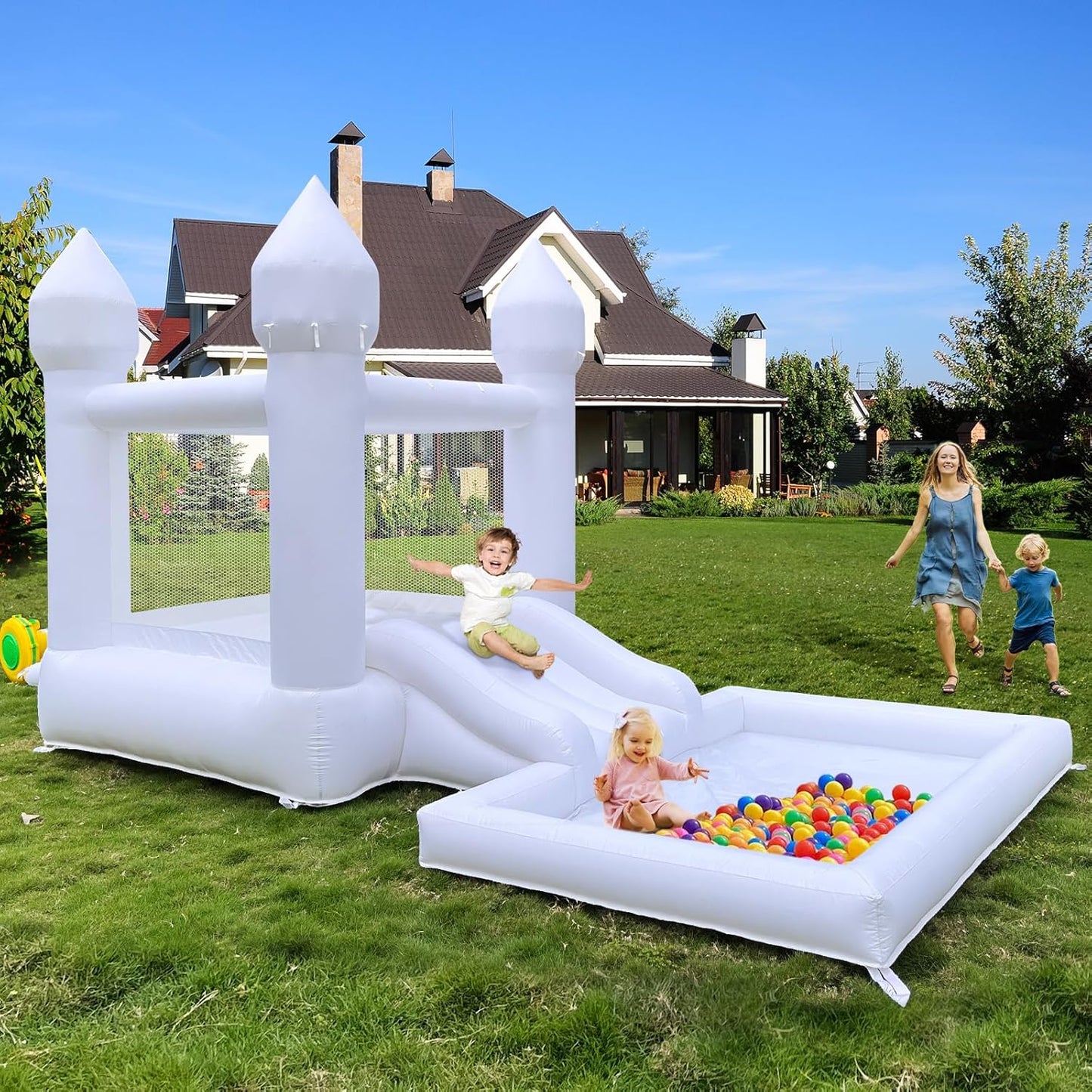 White Bounce House With Ball Pool & Blower For Kids Indoor And Outdoor Summer