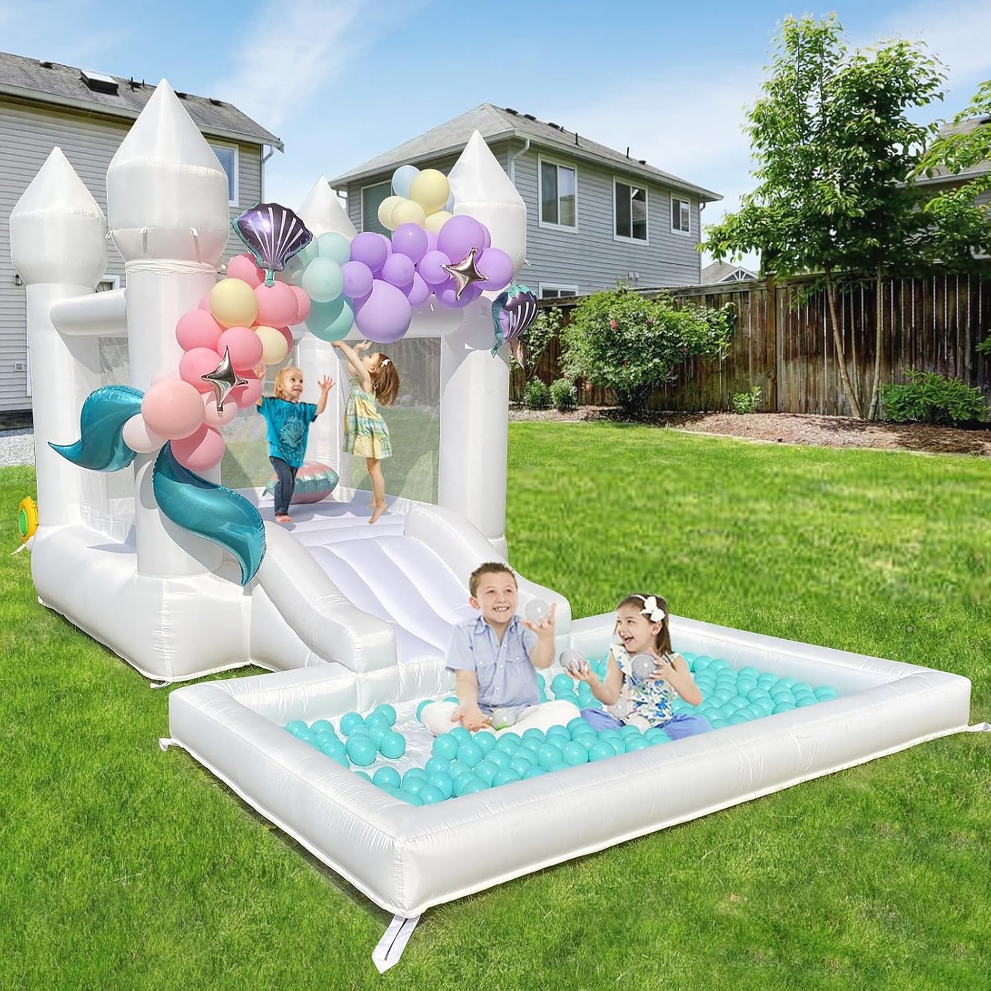 White Bounce House With Ball Pool & Blower For Kids Indoor And Outdoor Summer