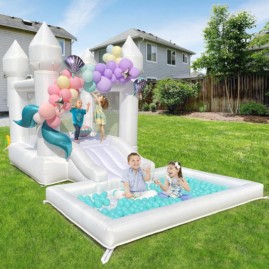 White Bounce House With Ball Pool & Blower For Kids Indoor And Outdoor Summer