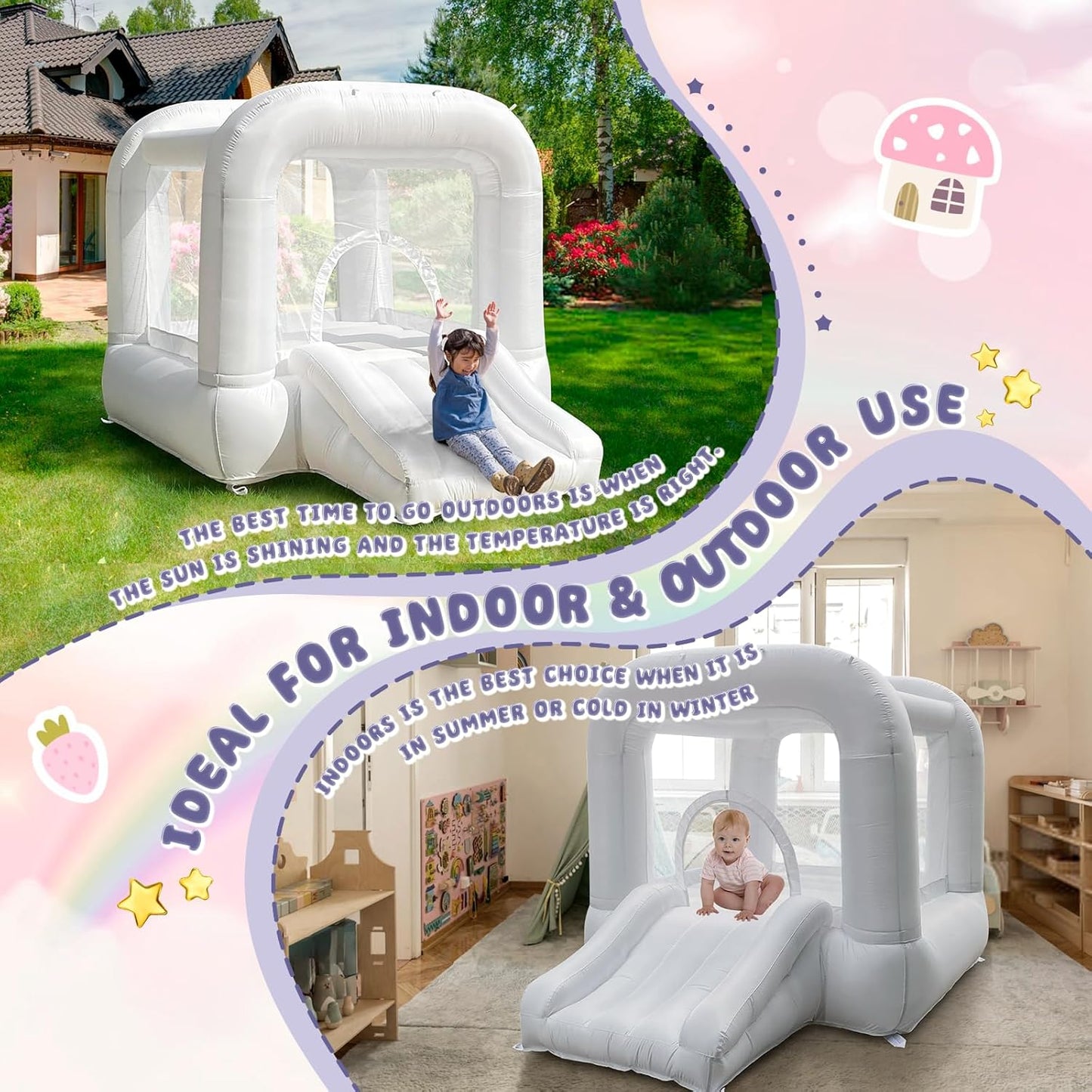 White Bounce House With Blower, Inflatable Bouncer Castle With Slide For Kids/toddler Indoor/outdoor Parties