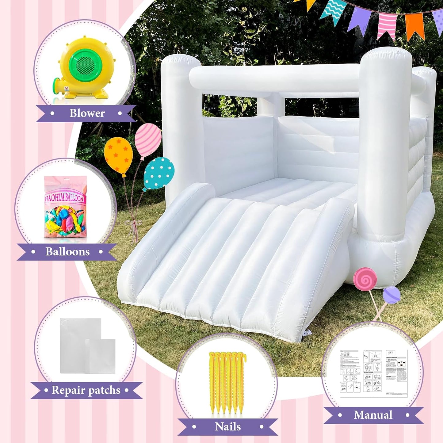 White Bounce House With Blower Large Bouncy Castle For Kids Birthday Party Events (133.86 X 96.46 X 74.02inch)