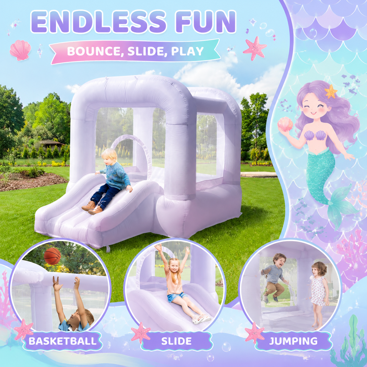 AIRFUNGO 8ft Pink White Bounce House with Slide | Party Castle