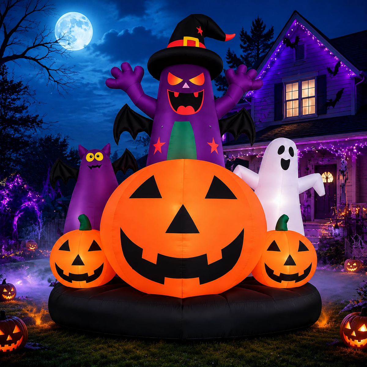 26 FT Giant Halloween Inflatable Pumpkin Combo (Light not Included) Decor with Witch, Ghosts, Bats, 680W Heavy Duty Blower, 480D Oxford Cloth for Lawn Yard Outdoor Party Lawn Decoration