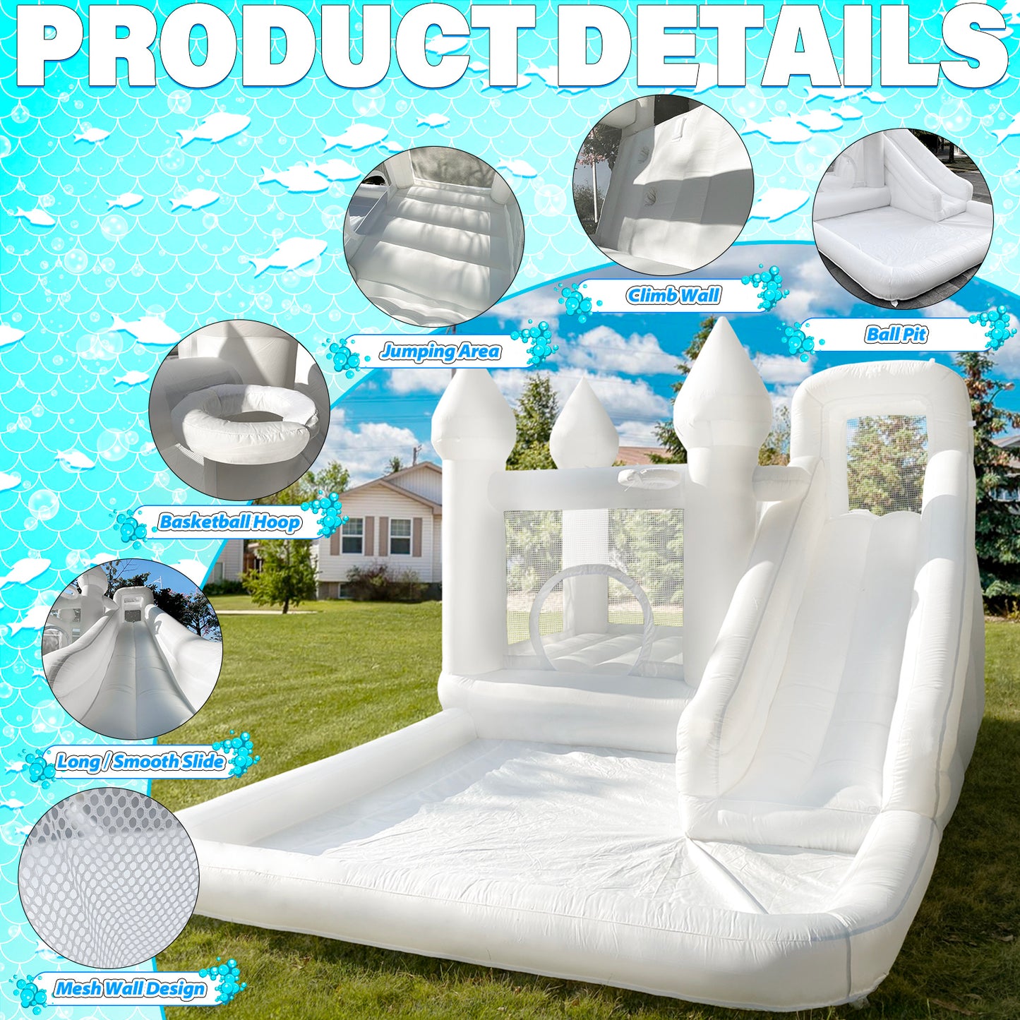 13.7 Ft  White Bounce House With Blower Jumping Castle With Slide & Ball Pit For Kids (oxford Material)