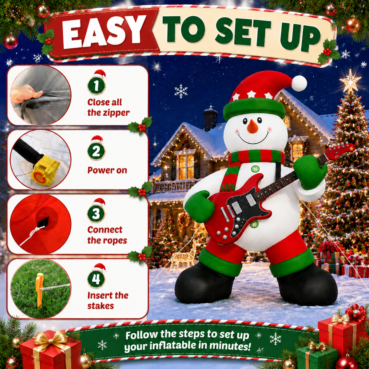26FT Giant Inflatable Christmas Snowman with Guitar, Extra Large Outdoor Blow Up Guitar Player Snowman Decoration for Yard, Lawn, Garden & Holiday Party Display