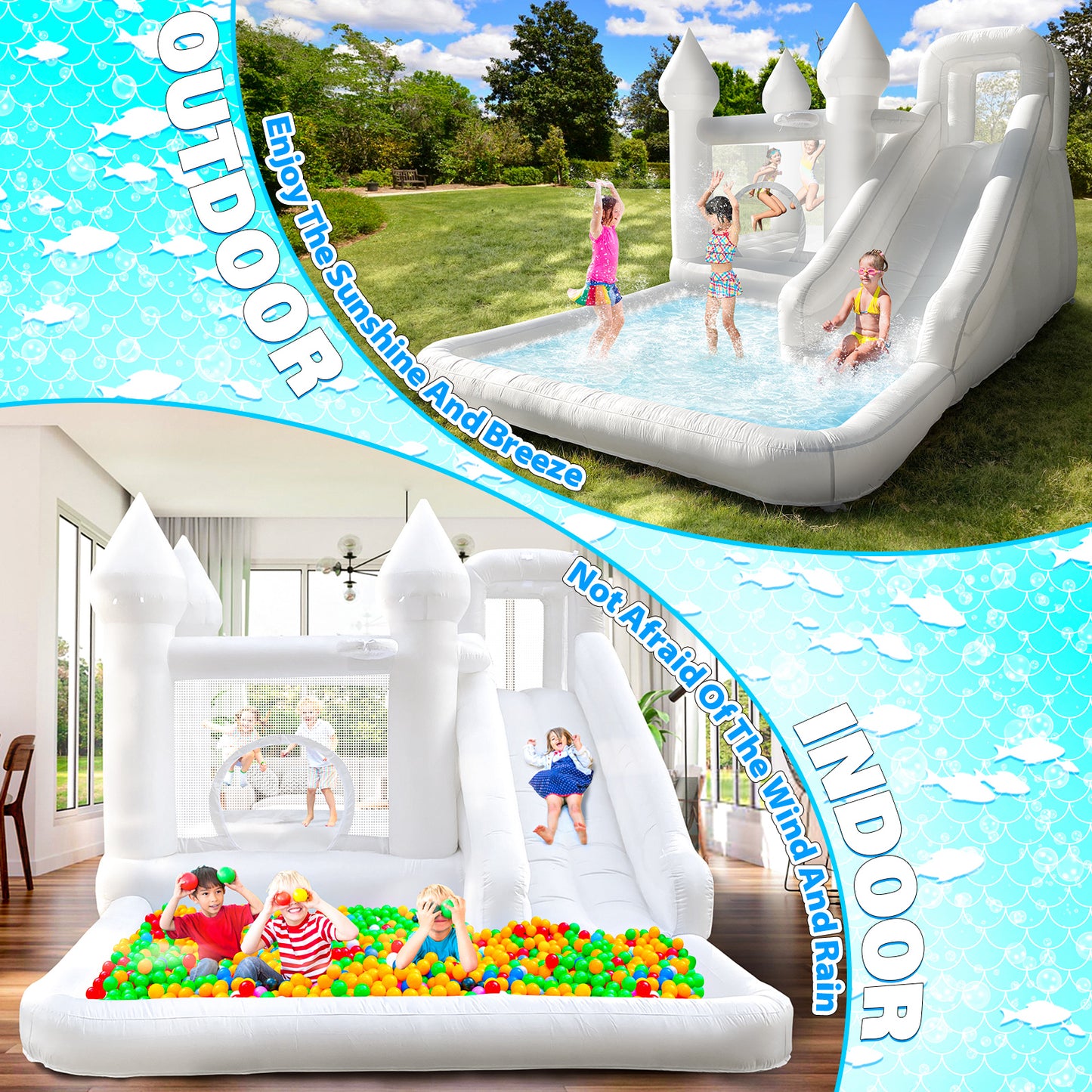 13.7 Ft  White Bounce House With Blower Jumping Castle With Slide & Ball Pit For Kids (oxford Material)