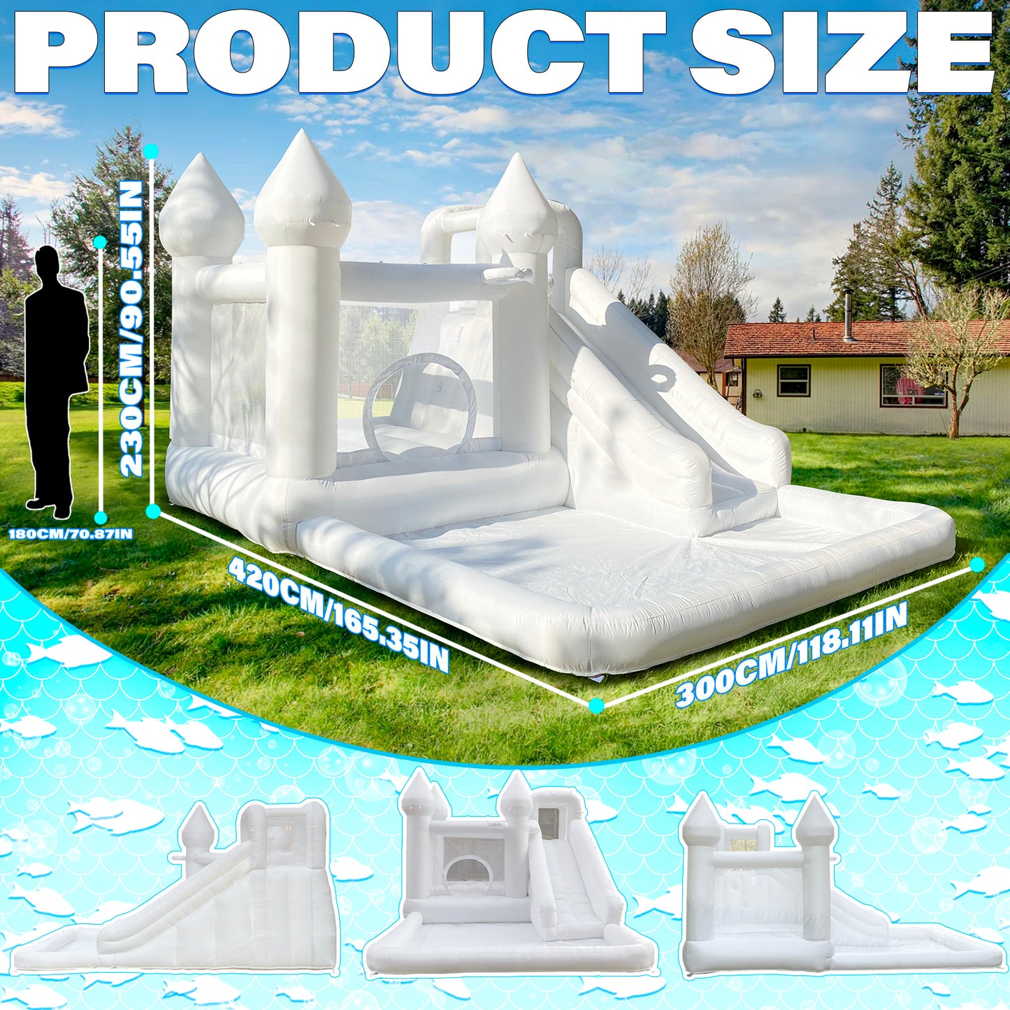 13.7 Ft  White Bounce House With Blower Jumping Castle With Slide & Ball Pit For Kids (oxford Material)