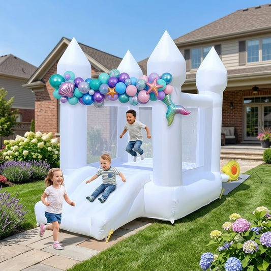 AIRFUNGO 6' x 9' White Bounce House with Slide | Mini Castle Inflatable