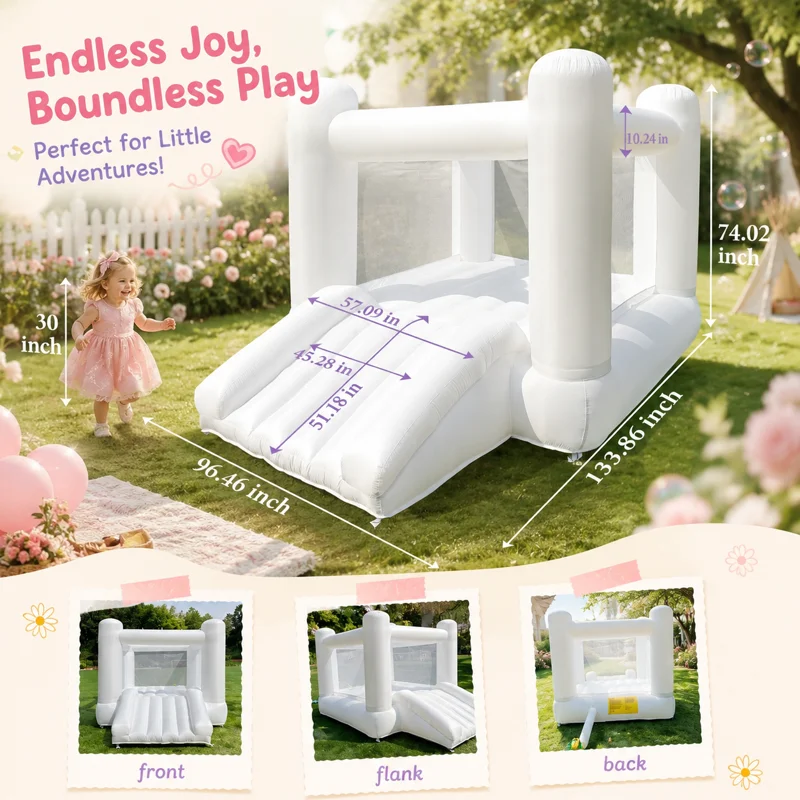 AIRFUNGO 12x8FT White Inflatable Bounce House with Slide, Premium Oxford Fabric Castle Bouncer for Kids Birthday Party, Backyard Event & Holiday Celebration