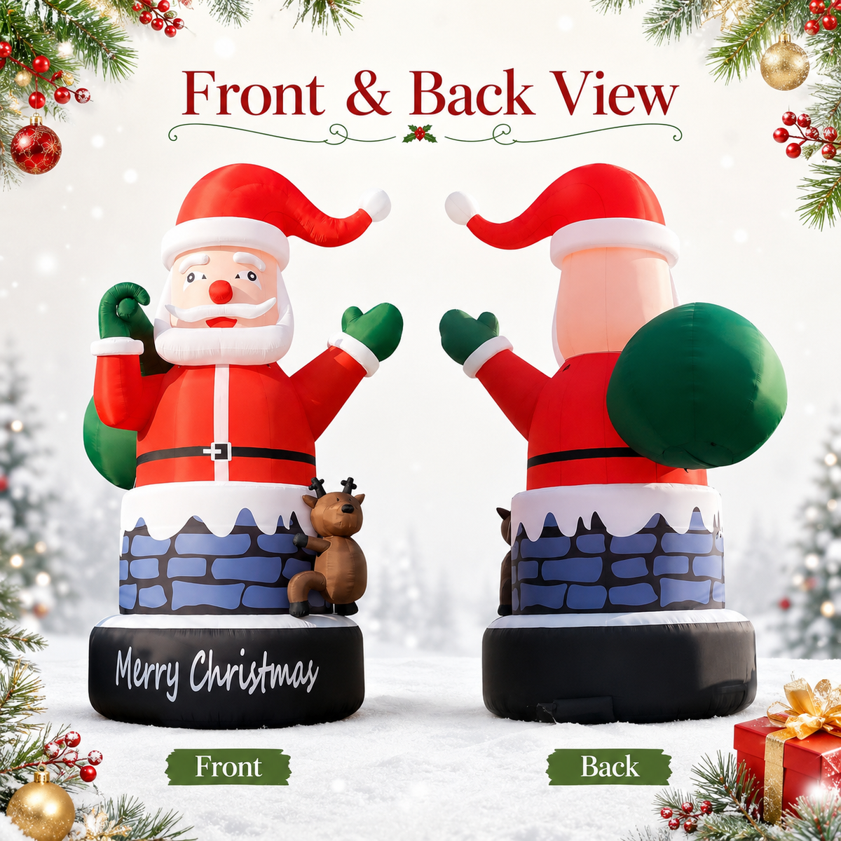 20FT Giant Inflatable Santa Claus in Chimney with Reindeer, Extra Large Outdoor Blow Up Christmas Decoration for Yard, Lawn, Garden & Holiday Party Display