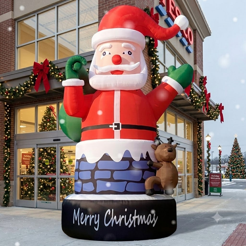 20FT Giant Inflatable Santa Claus in Chimney with Reindeer, Extra Large Outdoor Blow Up Christmas Decoration for Yard, Lawn, Garden & Holiday Party Display