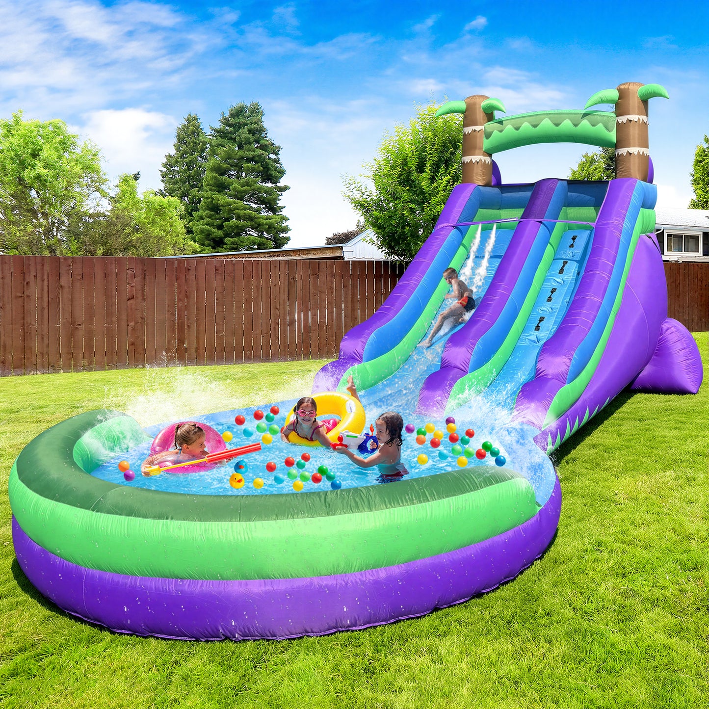 Inflatable Water Slide with Oversized Splash Pool for Kids 3-12, Oxford Fabric, Quick Setup & Drainage, 550W Blower & All Accessories for Indoor Outdoor Summer Party Fun