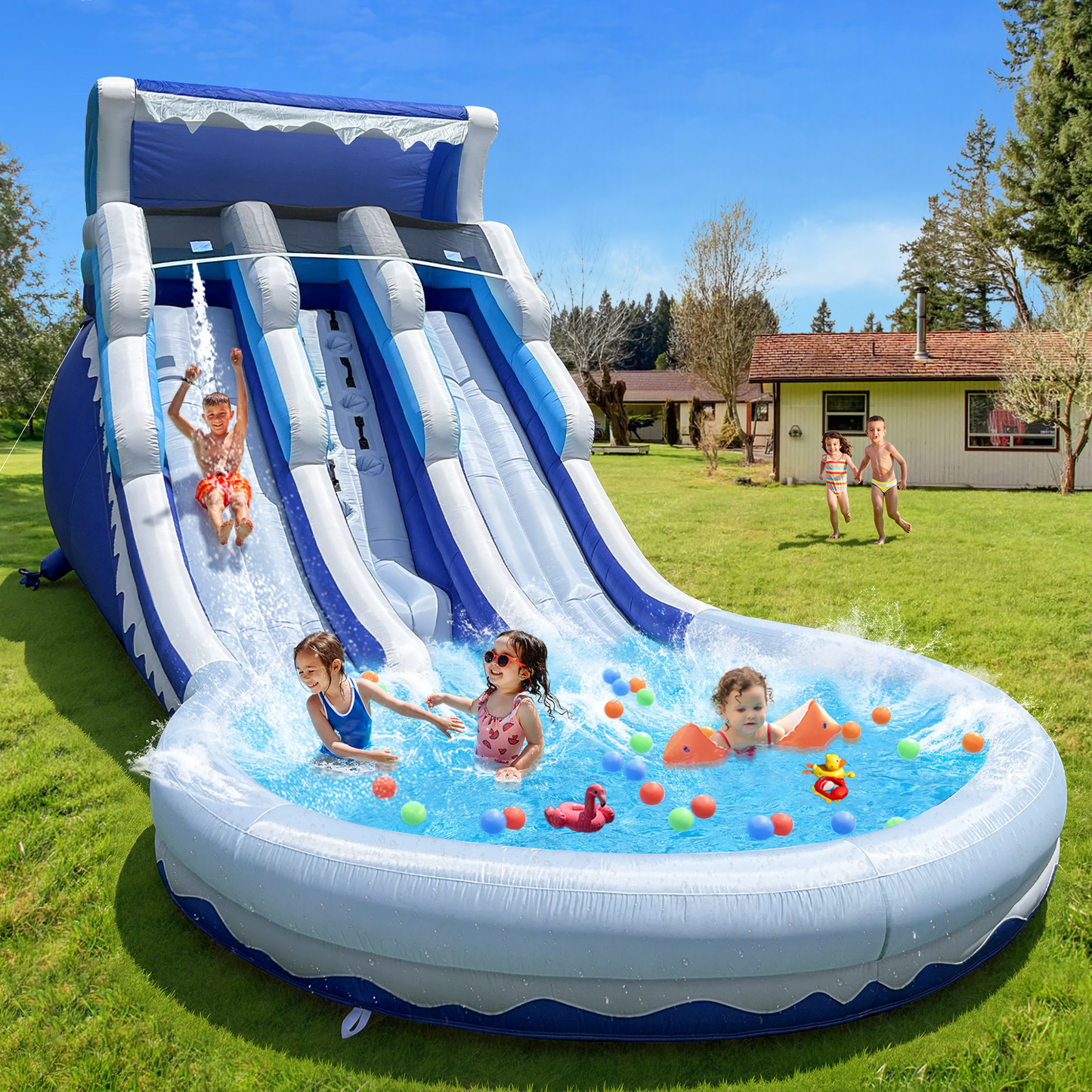 Inflatable Water Slide Giant Bounce House with Large Splash & Ball Pool 20.6'×9.5'×9.3' Oxford Quick Setup with Blower & Full Accessories for Outdoor Indoor Summer Party