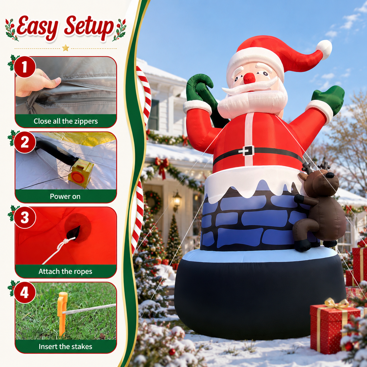 20FT Giant Inflatable Santa Claus in Chimney with Reindeer, Extra Large Outdoor Blow Up Christmas Decoration for Yard, Lawn, Garden & Holiday Party Display