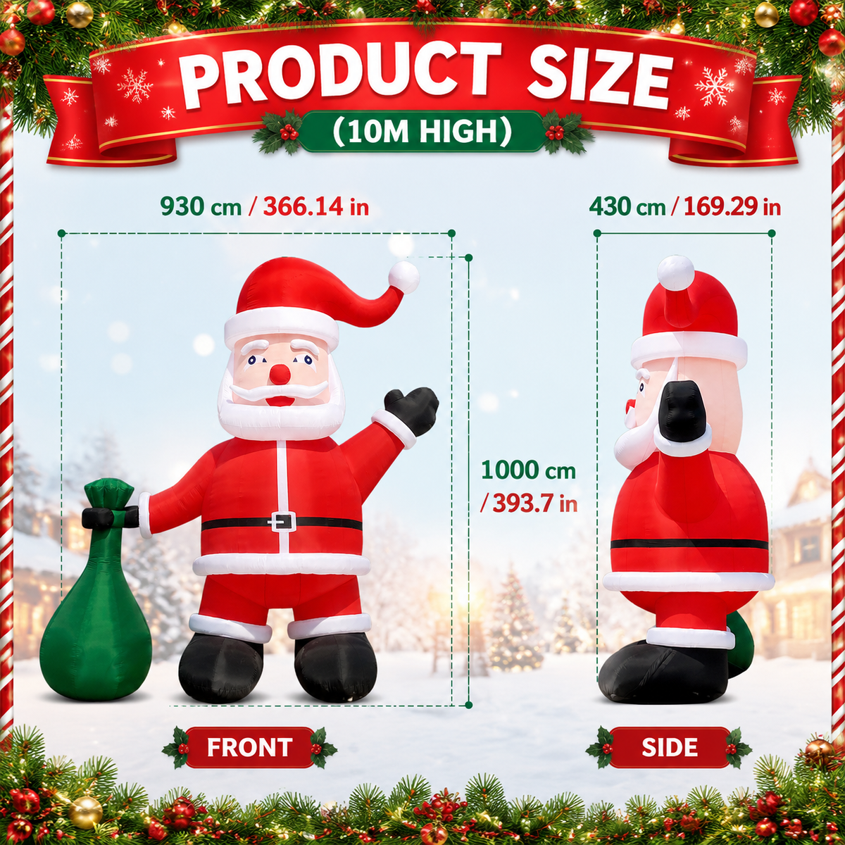 26FT/33FT Giant Inflatable Santa Claus with Green Gift Bag, Extra Large Outdoor Blow Up Christmas Santa Decoration with Blower for Yard, Lawn & Holiday Events