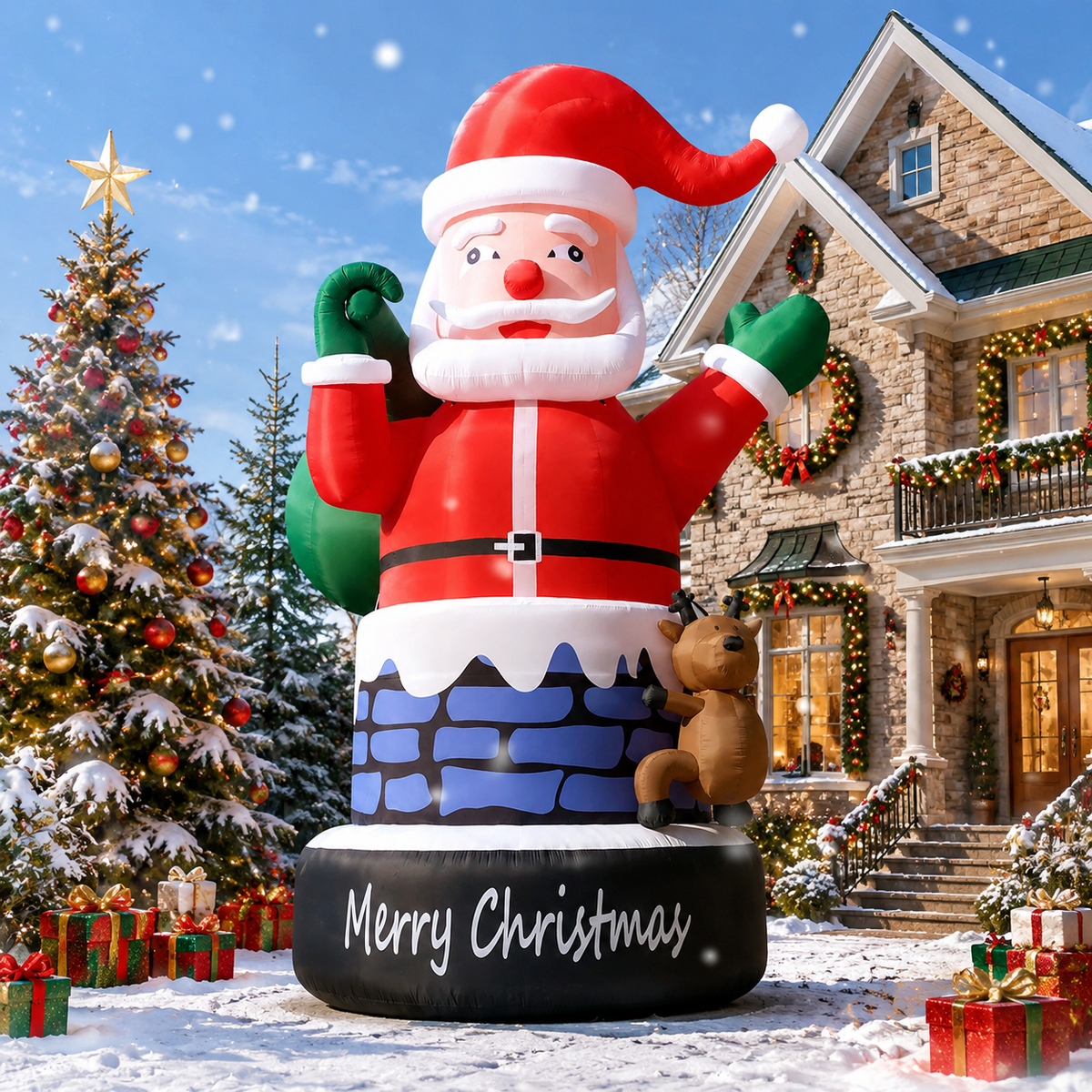 20FT Giant Inflatable Santa Claus in Chimney with Reindeer, Extra Large Outdoor Blow Up Christmas Decoration for Yard, Lawn, Garden & Holiday Party Display