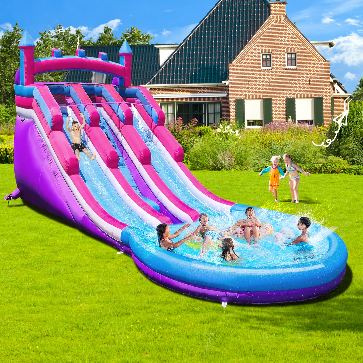 Purple-Pink Water Slide Inflatable Bounce House Wet Dry With Durable PVC Splash Water Pool (22x10x10FT)
