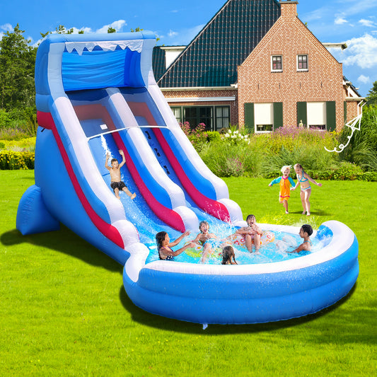 Blue-White Water Slide for Kids & Adults Giant Inflatable Water Slide Bounce House with Blower Wet Dry Combo With Durable PVC Splash Water Pool for Backy