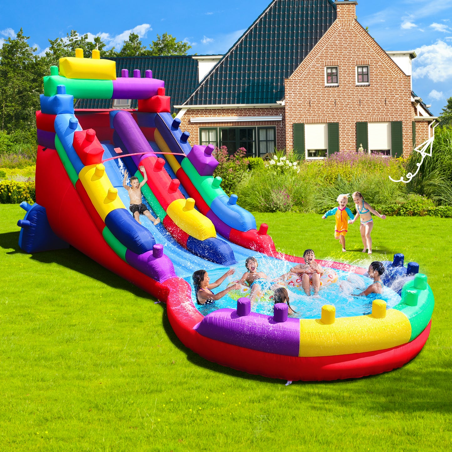 Lego Water Slide for Kids & Adults Giant Inflatable Water Slide Bounce House with Blower Wet Dry Combo With Durable PVC Splash Water Pool for Backyard Parties Beach (22x10x10FT)