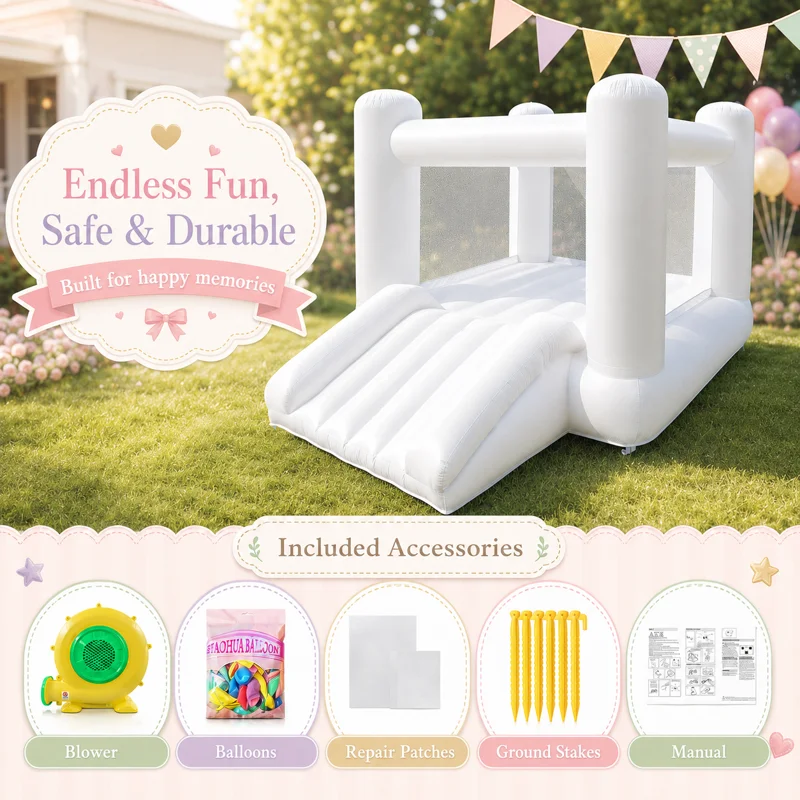 AIRFUNGO 12x8FT White Inflatable Bounce House with Slide, Premium Oxford Fabric Castle Bouncer for Kids Birthday Party, Backyard Event & Holiday Celebration