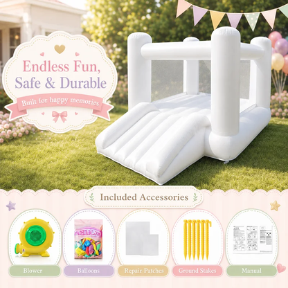 AIRFUNGO 12x8FT White Inflatable Bounce House with Slide, Premium Oxford Fabric Castle Bouncer for Kids Birthday Party, Backyard Event & Holiday Celebration