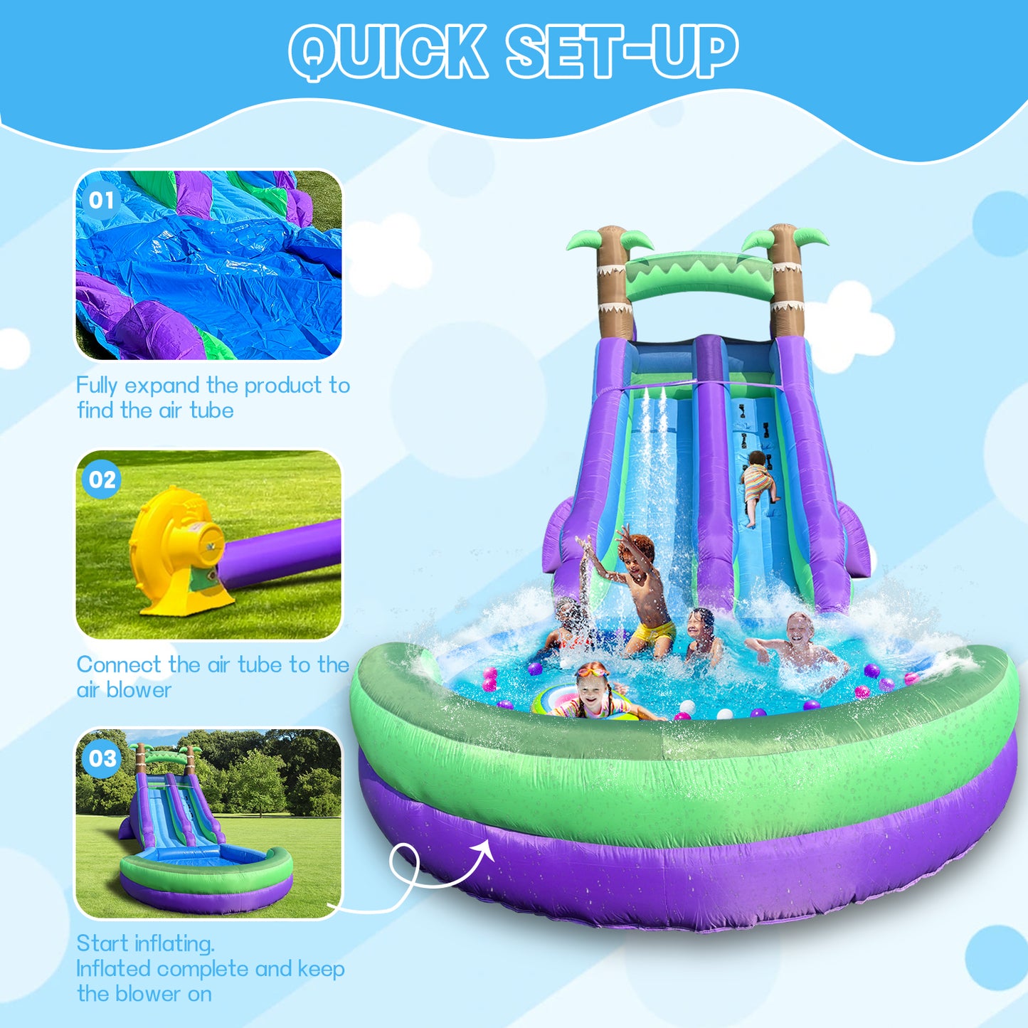 Inflatable Water Slide with Oversized Splash Pool for Kids 3-12, Oxford Fabric, Quick Setup & Drainage, 550W Blower & All Accessories for Indoor Outdoor Summer Party Fun