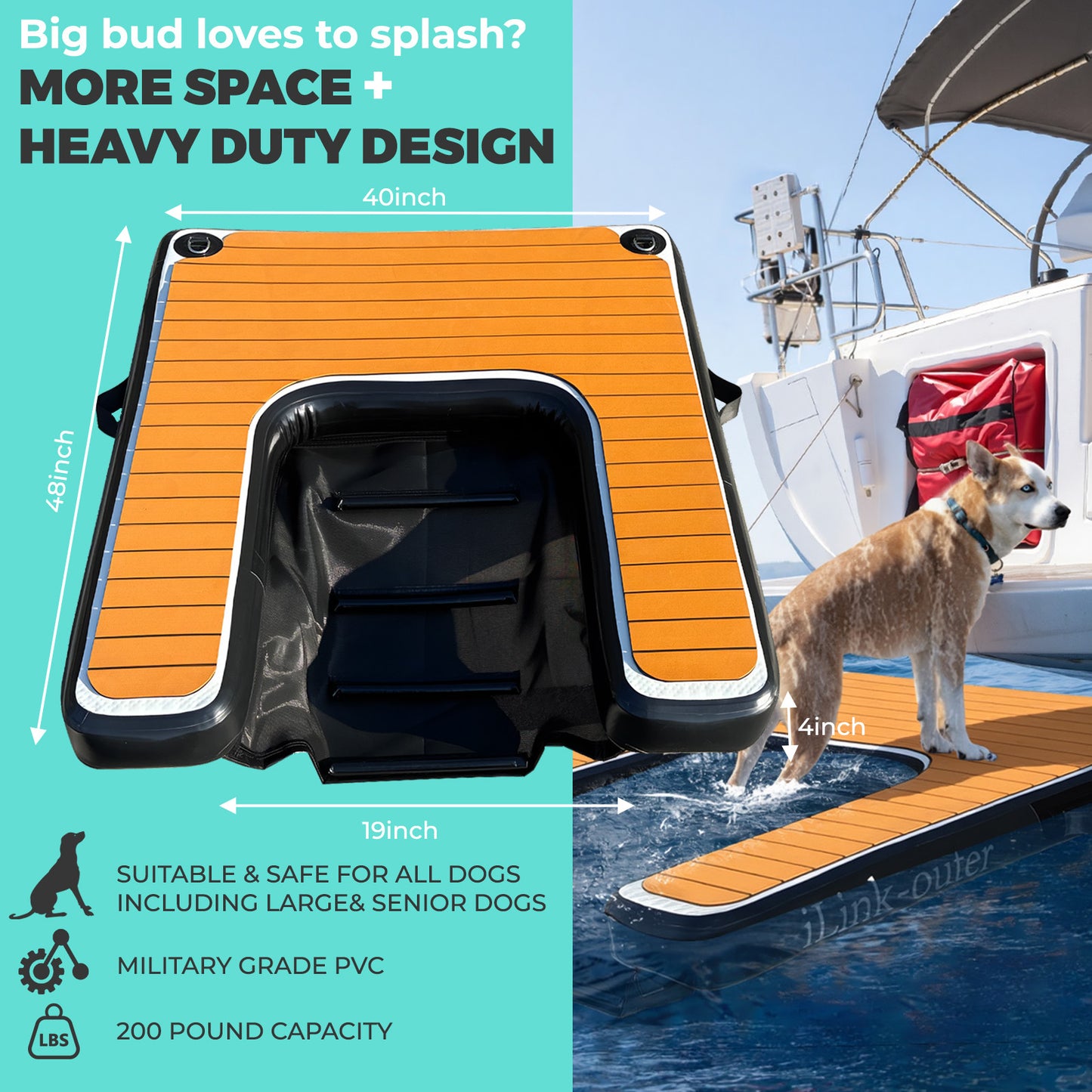 Inflatable Dog Floating Ramp, Non-Slip Pet Water Step Ladder with Anchor D-Rings & Ropes, Portable Stable Dog Pool Dock Access Ramp for Small Large Senior Dogs, Swimming Pool Lake Boat Outdoor Water Safety