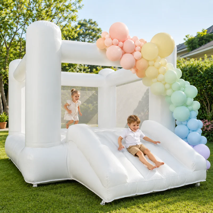 AIRFUNGO 12x8FT White Inflatable Bounce House with Slide, Premium Oxford Fabric Castle Bouncer for Kids Birthday Party, Backyard Event & Holiday Celebration
