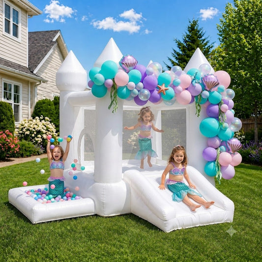 AIRFUNGO Classic 9x9x7FT White Bounce House with Slide & Ball Pit