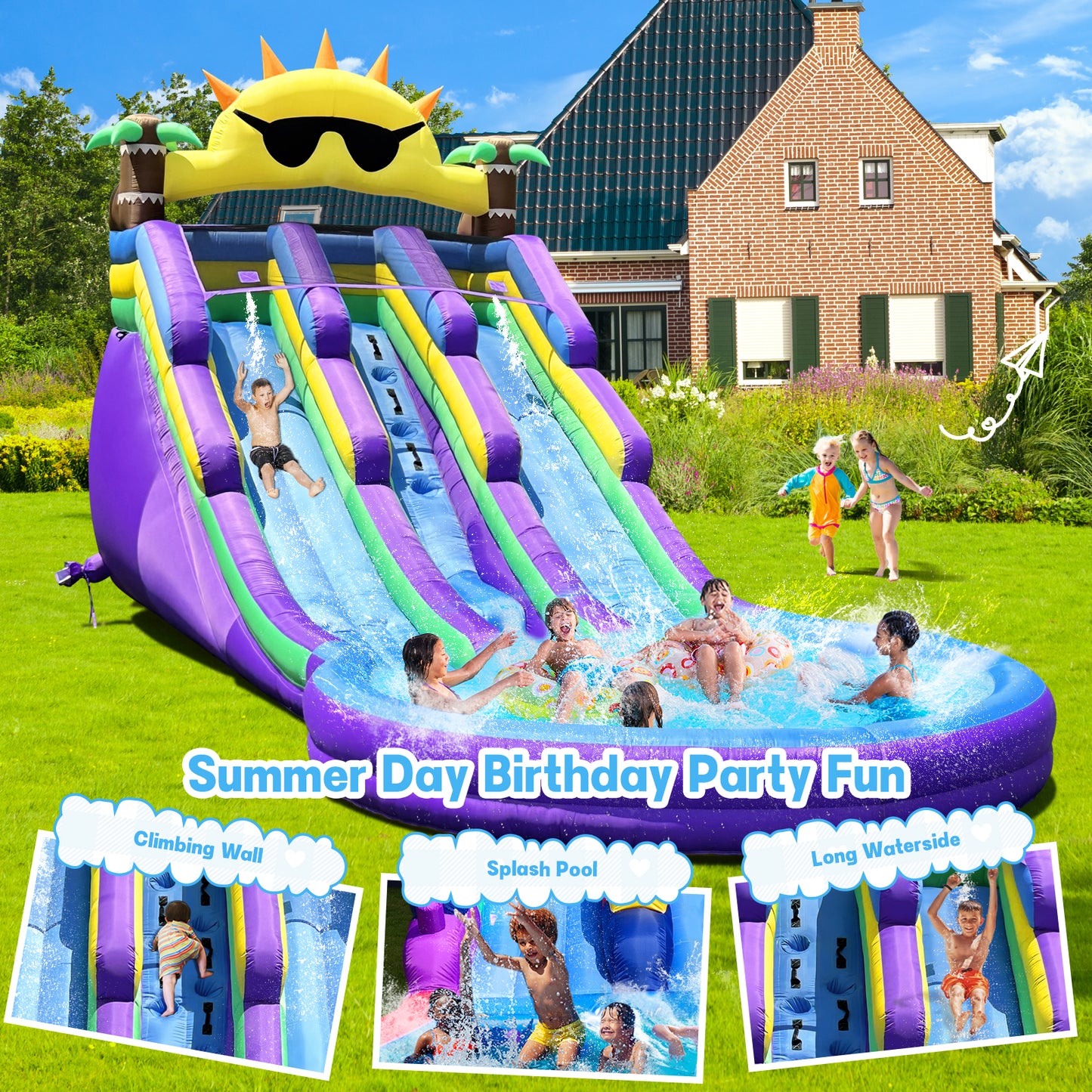 Inflatable Water Slide with Splash Pool for Kids 3–12, Heavy-Duty Oxford, Quick Setup & Drainage, Blower Included, Perfect for Backyard & Outdoor Summer Party Fun (Sun Glassess)