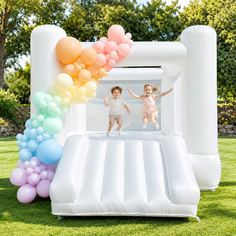 AIRFUNGO 12x8FT White Inflatable Bounce House with Slide, Premium Oxford Fabric Castle Bouncer for Kids Birthday Party, Backyard Event & Holiday Celebration