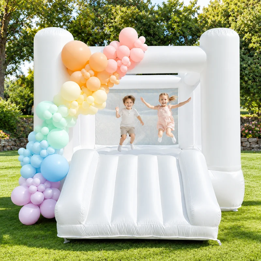 AIRFUNGO 12x8FT White Inflatable Bounce House with Slide, Premium Oxford Fabric Castle Bouncer for Kids Birthday Party, Backyard Event & Holiday Celebration