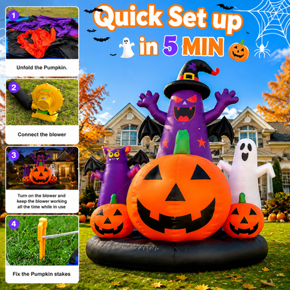 26 FT Giant Halloween Inflatable Pumpkin Combo (Light not Included) Decor with Witch, Ghosts, Bats, 680W Heavy Duty Blower, 480D Oxford Cloth for Lawn Yard Outdoor Party Lawn Decoration